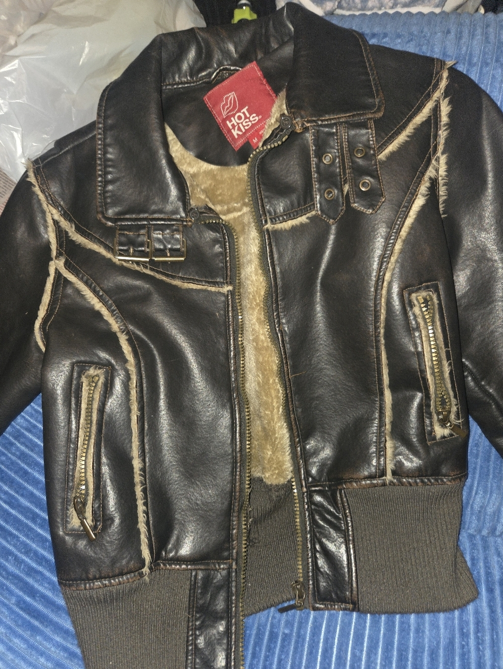 Hot Kiss Brown Faux Leather Puffer Jacket with Tan Shearling Trim